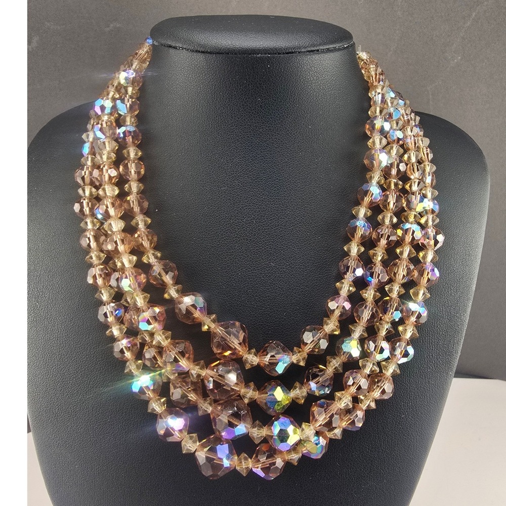 Vintage Estate Necklace Glass Brown AB Beaded Multi Strand Bib 14in